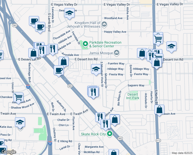 map of restaurants, bars, coffee shops, grocery stores, and more near 3445 South Mountain Vista Street in Las Vegas