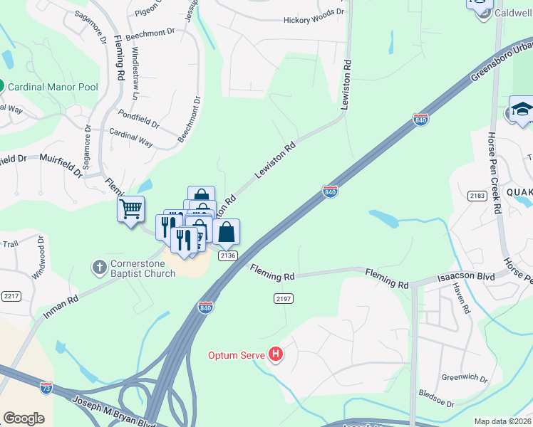 map of restaurants, bars, coffee shops, grocery stores, and more near 3514 Lewiston Road in Greensboro