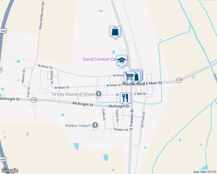 map of restaurants, bars, coffee shops, grocery stores, and more near 320 West Main Street in Rutherford