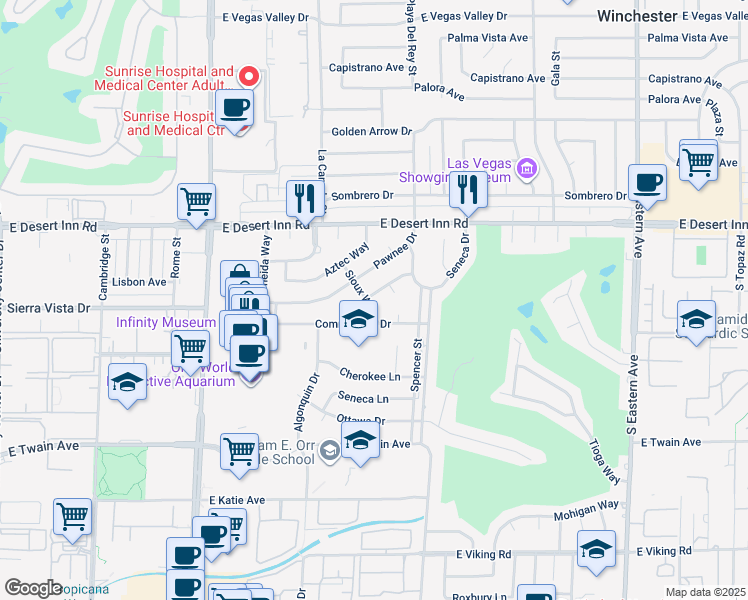 map of restaurants, bars, coffee shops, grocery stores, and more near 3400 Sioux Way in Las Vegas