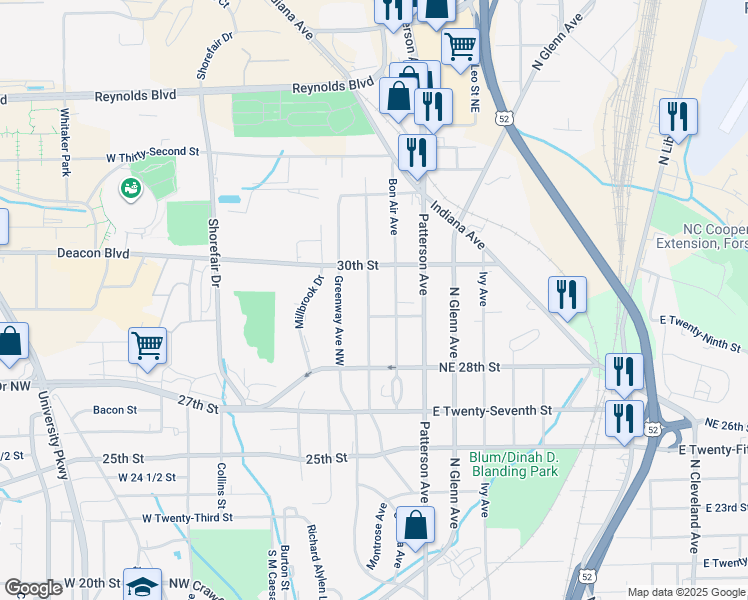 map of restaurants, bars, coffee shops, grocery stores, and more near 2907 Gilmer Avenue Northeast in Winston-Salem