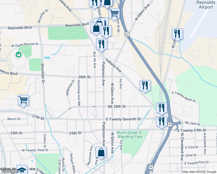 map of restaurants, bars, coffee shops, grocery stores, and more near 2918 Glenn Avenue Northeast in Winston-Salem