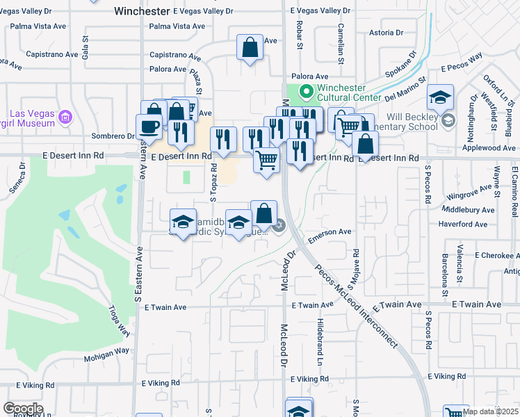map of restaurants, bars, coffee shops, grocery stores, and more near 2862 San Martin Court in Las Vegas