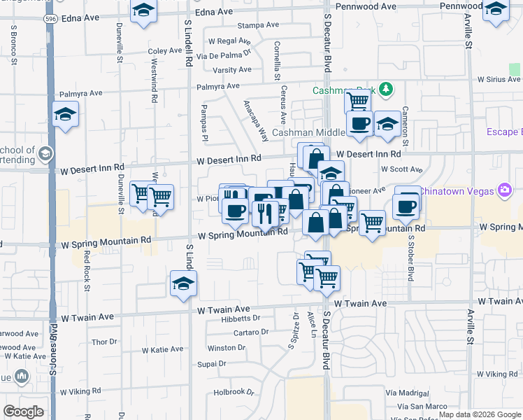 map of restaurants, bars, coffee shops, grocery stores, and more near 5191 West Pioneer Avenue in Las Vegas