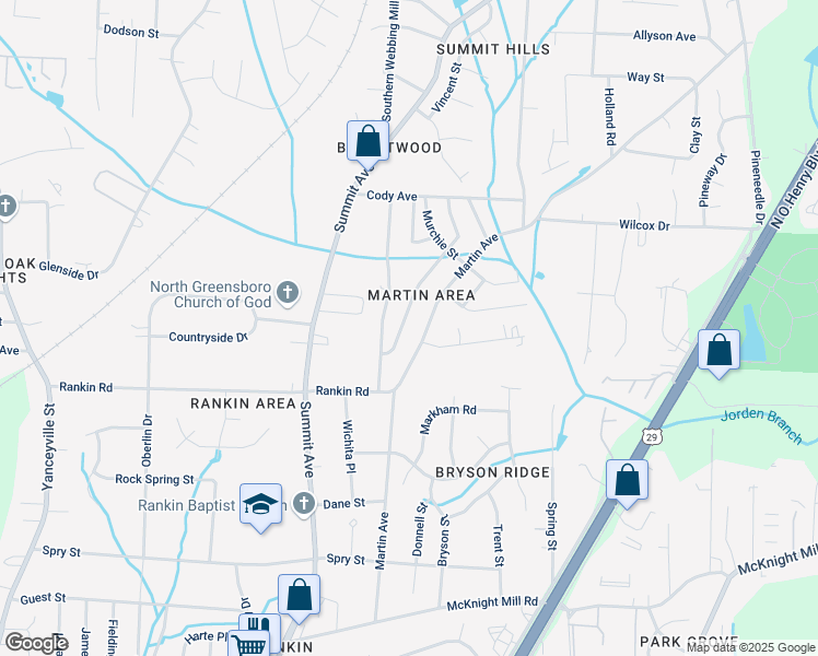 map of restaurants, bars, coffee shops, grocery stores, and more near 3612 Sharon Avenue in Greensboro