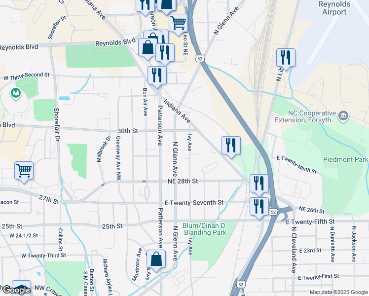 map of restaurants, bars, coffee shops, grocery stores, and more near 2918 Ivy Avenue in Winston-Salem