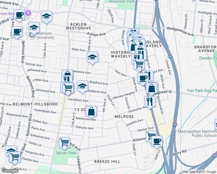 map of restaurants, bars, coffee shops, grocery stores, and more near 853B Bradford Avenue in Nashville