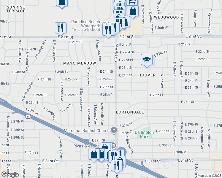 map of restaurants, bars, coffee shops, grocery stores, and more near 4813 East 25th Street in Tulsa