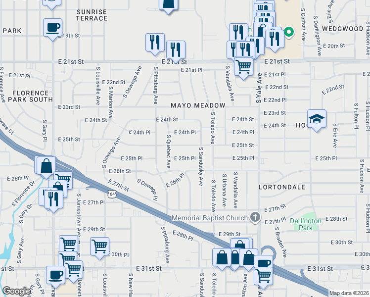 map of restaurants, bars, coffee shops, grocery stores, and more near 4217 East 25th Street in Tulsa