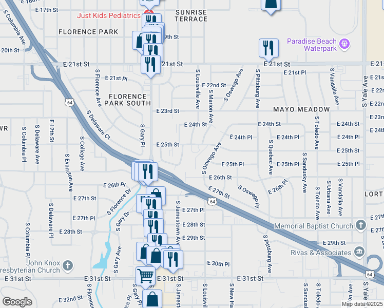 map of restaurants, bars, coffee shops, grocery stores, and more near 3376 East 25th Street in Tulsa