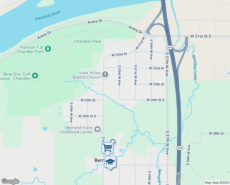 map of restaurants, bars, coffee shops, grocery stores, and more near 2380 South 63rd West Avenue in Tulsa