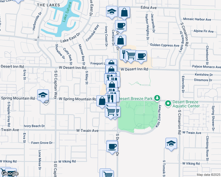 map of restaurants, bars, coffee shops, grocery stores, and more near 3477 South Durango Drive in Las Vegas