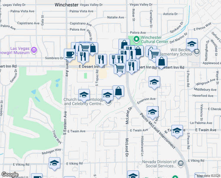 map of restaurants, bars, coffee shops, grocery stores, and more near 2862 San Martin Court in Las Vegas