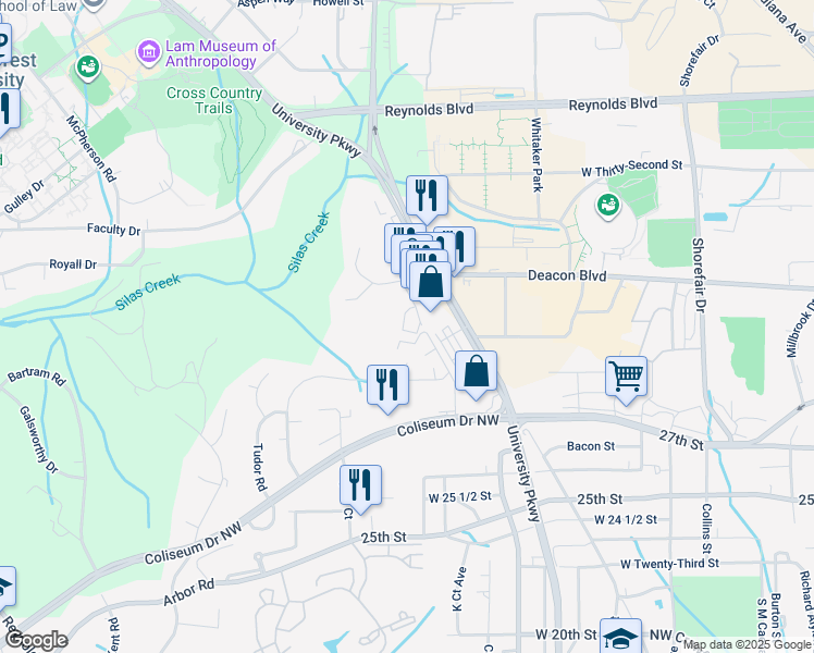 map of restaurants, bars, coffee shops, grocery stores, and more near 2902 Ramsgate Court in Winston-Salem