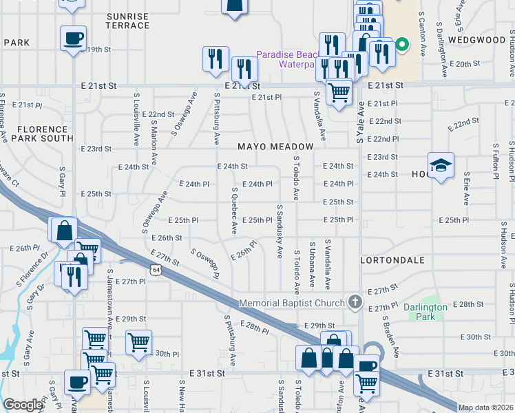 map of restaurants, bars, coffee shops, grocery stores, and more near 4217 East 25th Street in Tulsa