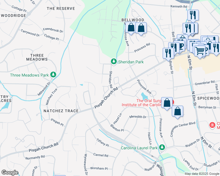 map of restaurants, bars, coffee shops, grocery stores, and more near 46 Ackland Drive in Greensboro