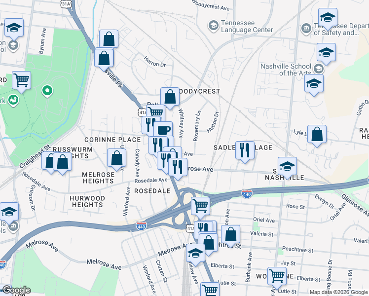 map of restaurants, bars, coffee shops, grocery stores, and more near 2126 Whitney Avenue in Nashville