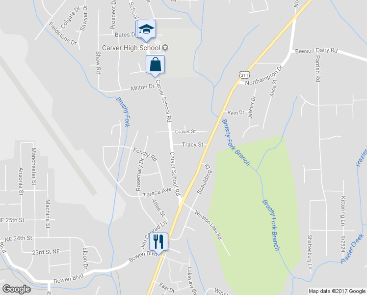 map of restaurants, bars, coffee shops, grocery stores, and more near 3220 Tracy Street in Winston-Salem