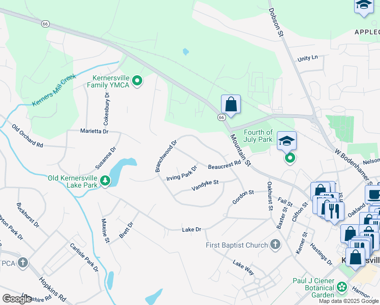 map of restaurants, bars, coffee shops, grocery stores, and more near 222 Beaucrest Road in Kernersville