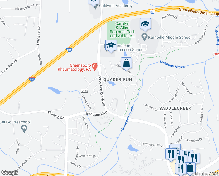map of restaurants, bars, coffee shops, grocery stores, and more near 1 Saint Christopher Square in Greensboro