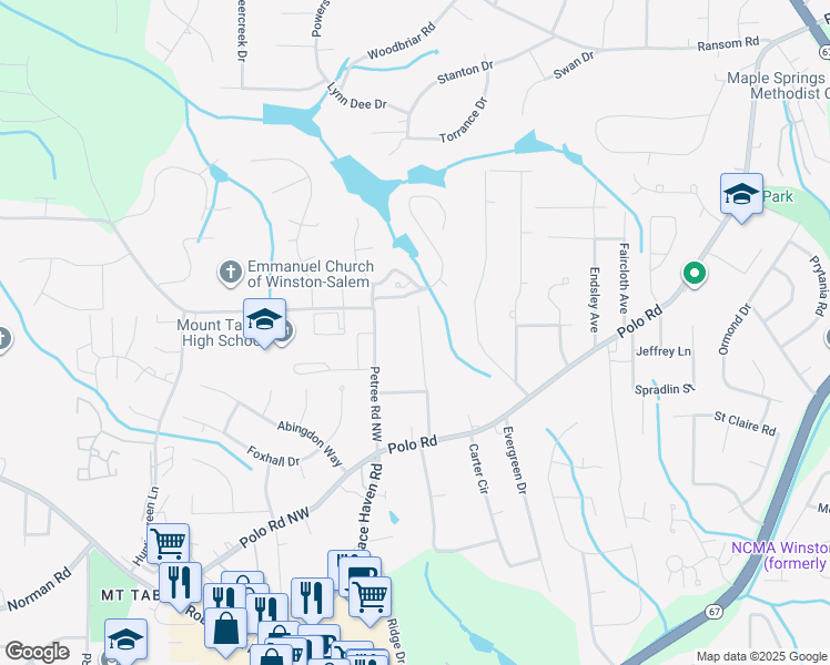map of restaurants, bars, coffee shops, grocery stores, and more near 1287 Millerwood Drive in Winston-Salem