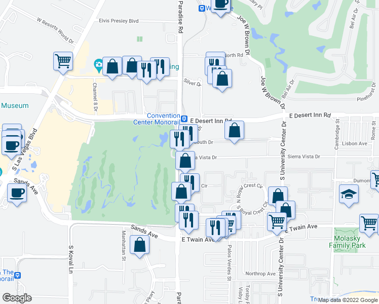 map of restaurants, bars, coffee shops, grocery stores, and more near 3400 Paradise Road in Las Vegas