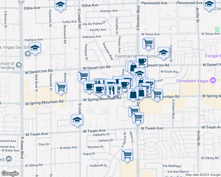map of restaurants, bars, coffee shops, grocery stores, and more near 5181 West Pioneer Avenue in Las Vegas