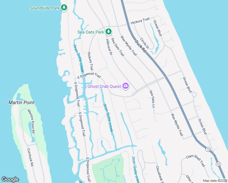 map of restaurants, bars, coffee shops, grocery stores, and more near 219 Woodland Drive in Kitty Hawk