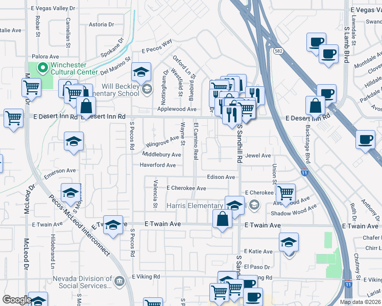 map of restaurants, bars, coffee shops, grocery stores, and more near 3422 Wayne Street in Las Vegas