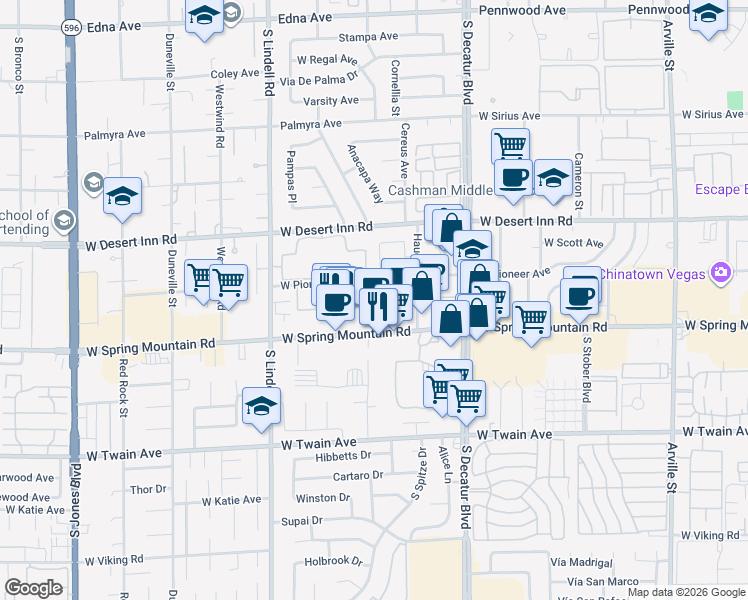 map of restaurants, bars, coffee shops, grocery stores, and more near 5181 West Pioneer Avenue in Las Vegas
