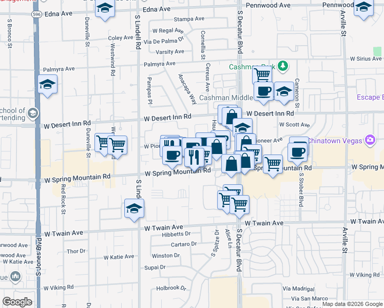 map of restaurants, bars, coffee shops, grocery stores, and more near 5191 West Pioneer Avenue in Las Vegas