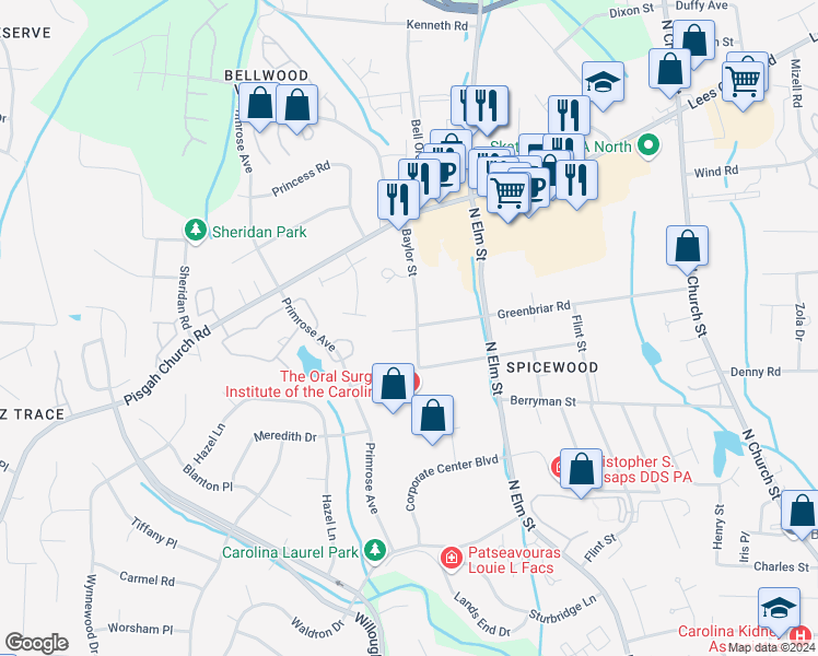 map of restaurants, bars, coffee shops, grocery stores, and more near 3809 Baylor Street in Greensboro