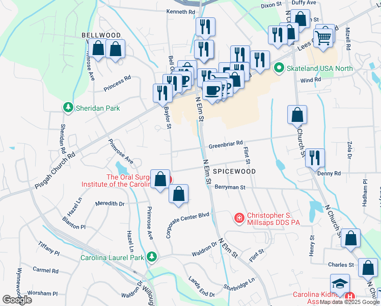 map of restaurants, bars, coffee shops, grocery stores, and more near 509 Greenbriar Road in Greensboro