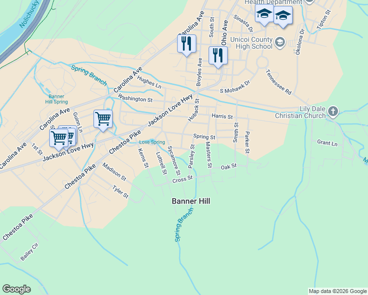 map of restaurants, bars, coffee shops, grocery stores, and more near 114 Division Street in Erwin