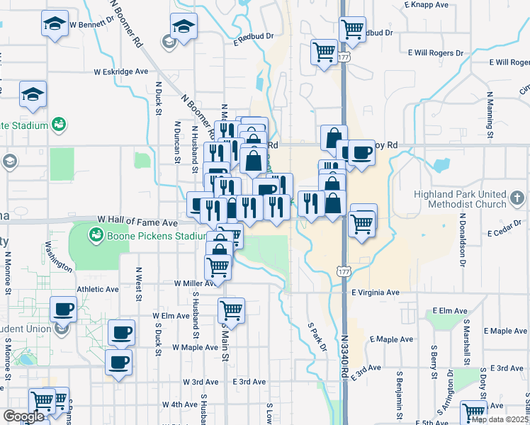 map of restaurants, bars, coffee shops, grocery stores, and more near 306 E Hall of Fame Ave in Stillwater