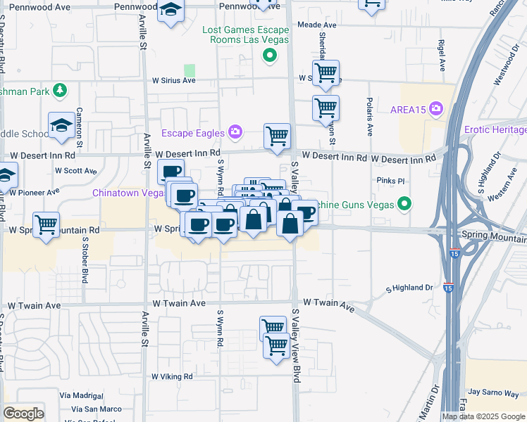 map of restaurants, bars, coffee shops, grocery stores, and more near 3910 Spring Mountain Road in Las Vegas
