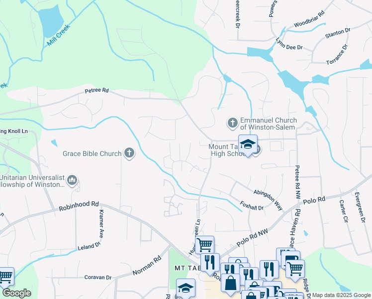 map of restaurants, bars, coffee shops, grocery stores, and more near 3939 Valley Court in Winston-Salem