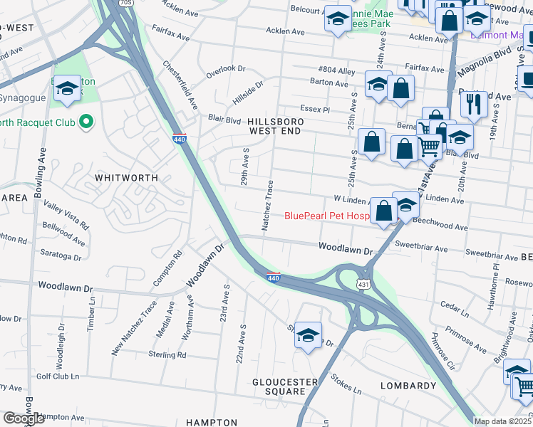 map of restaurants, bars, coffee shops, grocery stores, and more near Natchez Trace & Westwood Ave in Nashville
