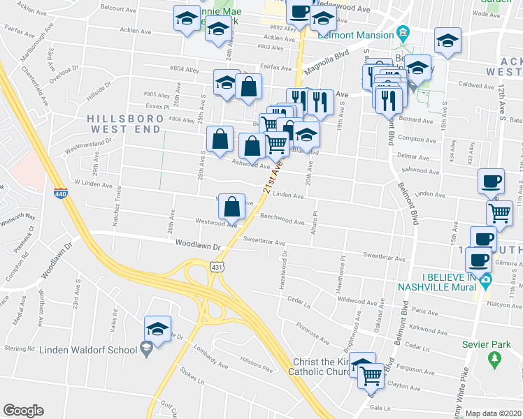 map of restaurants, bars, coffee shops, grocery stores, and more near 2016 Beechwood Avenue in Nashville