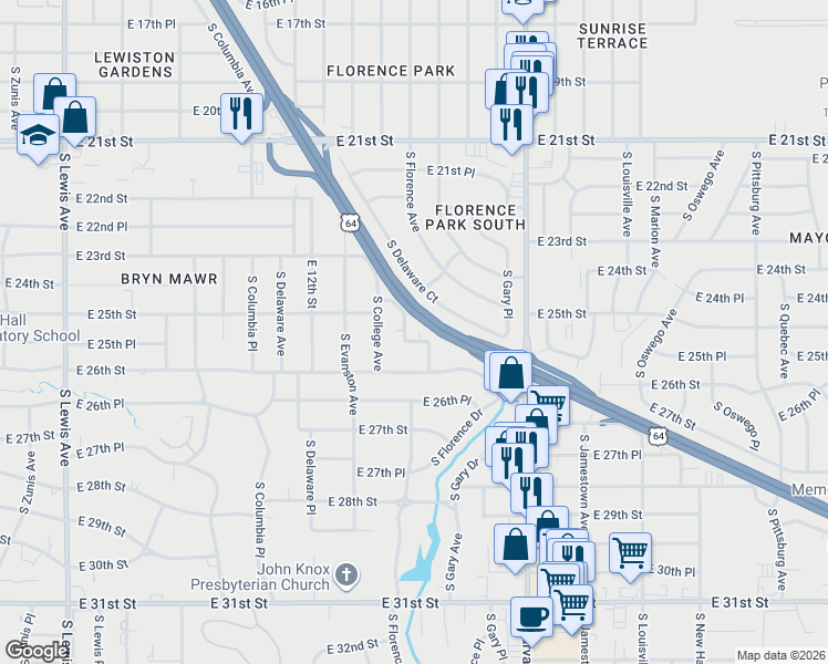 map of restaurants, bars, coffee shops, grocery stores, and more near 2515 South Florence Avenue in Tulsa