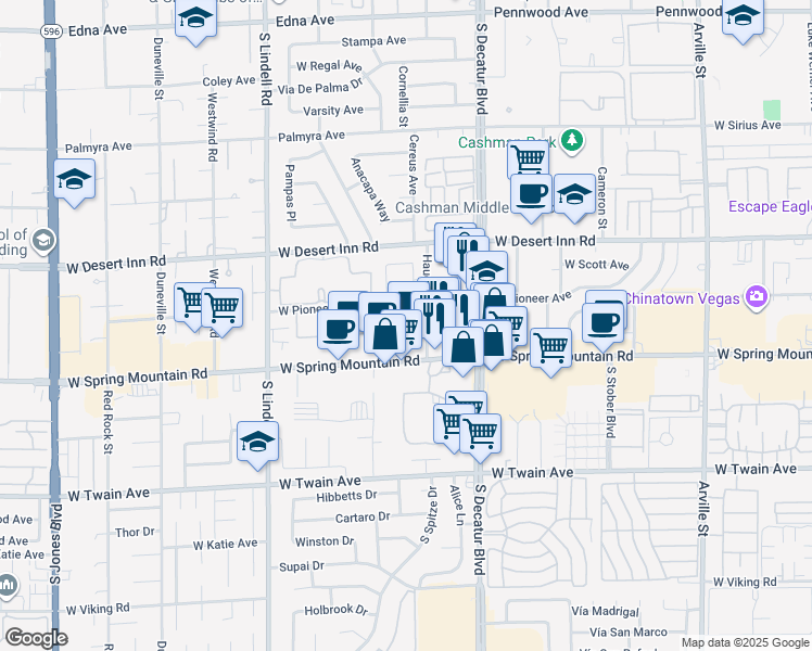 map of restaurants, bars, coffee shops, grocery stores, and more near 5111 West Pioneer Avenue in Las Vegas