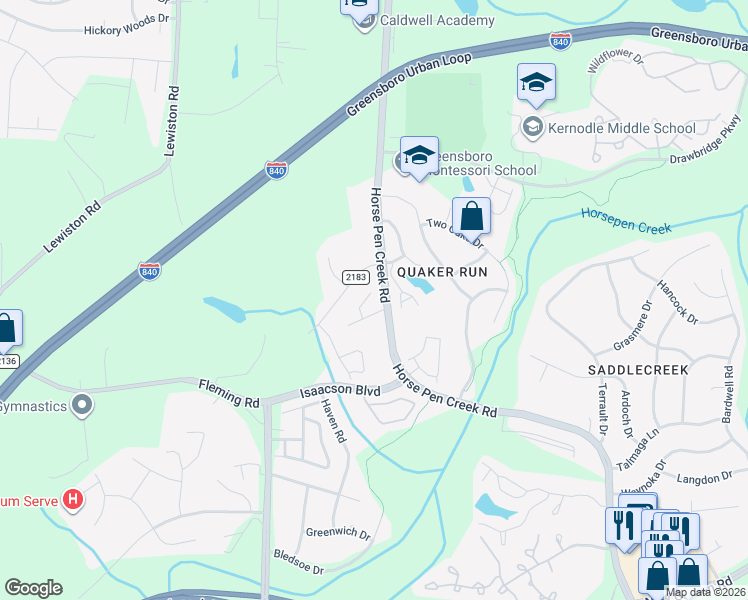 map of restaurants, bars, coffee shops, grocery stores, and more near 3510 Briaroak Court in Greensboro