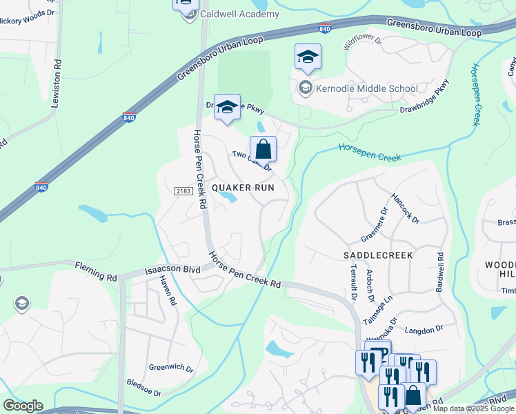map of restaurants, bars, coffee shops, grocery stores, and more near 3327 Quaker Run Drive in Greensboro