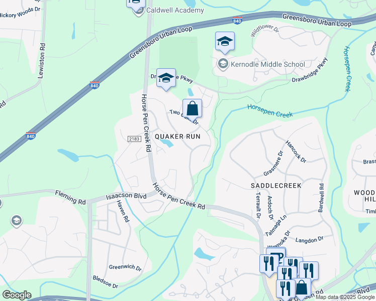 map of restaurants, bars, coffee shops, grocery stores, and more near 3327 Quaker Run Drive in Greensboro