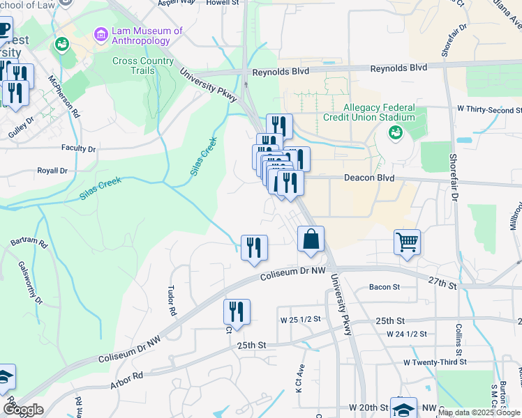 map of restaurants, bars, coffee shops, grocery stores, and more near 2954 Ramsgate Court in Winston-Salem