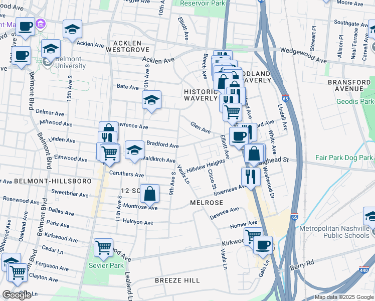 map of restaurants, bars, coffee shops, grocery stores, and more near 853B Bradford Avenue in Nashville