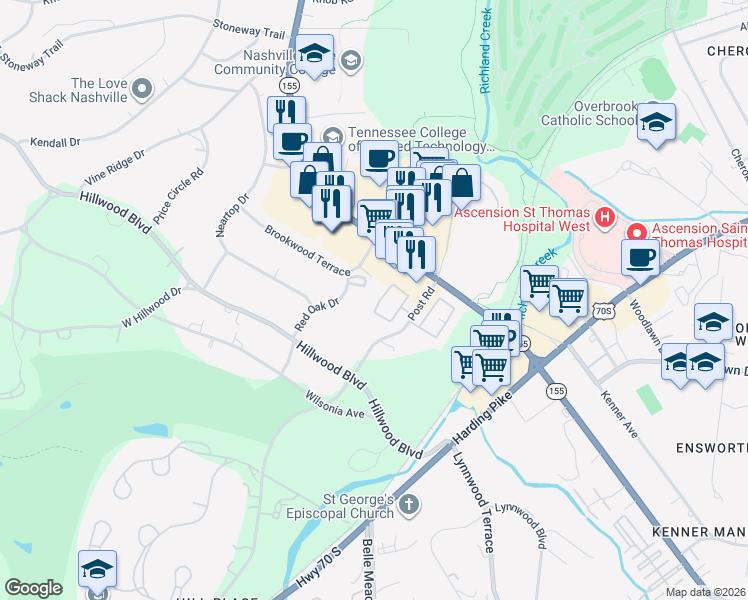 map of restaurants, bars, coffee shops, grocery stores, and more near 4500 Post Road in Nashville