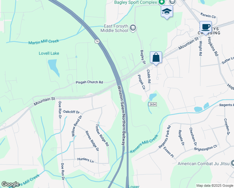 map of restaurants, bars, coffee shops, grocery stores, and more near West Mountain Street in Kernersville
