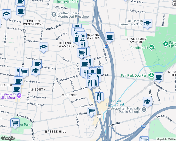 map of restaurants, bars, coffee shops, grocery stores, and more near 731 Melpark Drive in Nashville