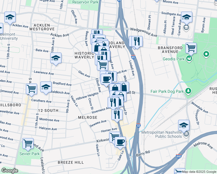 map of restaurants, bars, coffee shops, grocery stores, and more near 2309a Franklin Pike in Nashville